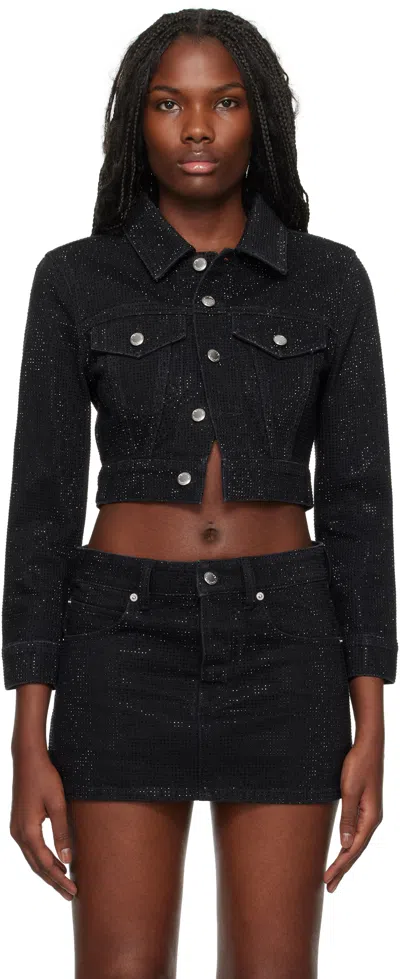 Alexander Wang Black Shrunken Crystal Hotfix Denim Jacket In Washed Black