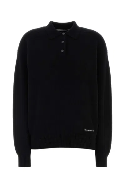 ALEXANDER WANG BLACK STRETCH WOOL BLEND POLO SHIRT