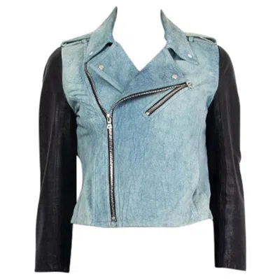 Pre-owned Alexander Wang Blue & Black Denim Print Leather Biker Jacket 2 Xxs