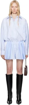 Alexander Wang Blue & White Prestyled Pleated Boxer Romper In Oxford Blue Multi