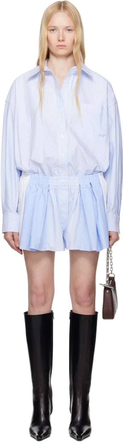 Alexander Wang Blue & White Prestyled Pleated Boxer Romper In Oxford Blue Multi