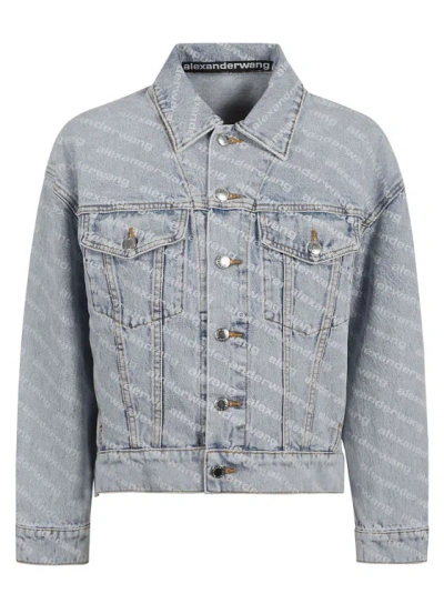 Alexander Wang Blue Cotton Falling Back Logo-print Denim Jacket In Pebble Bleach