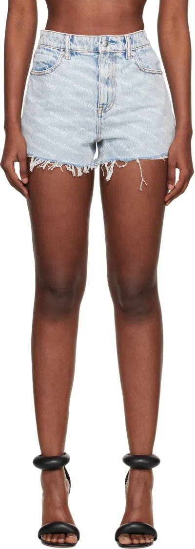 Alexander Wang Blue Denim Bite Logo Shorts In Gray