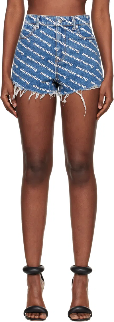 Alexander Wang Blue Denim Bite Logo Shorts In Multi