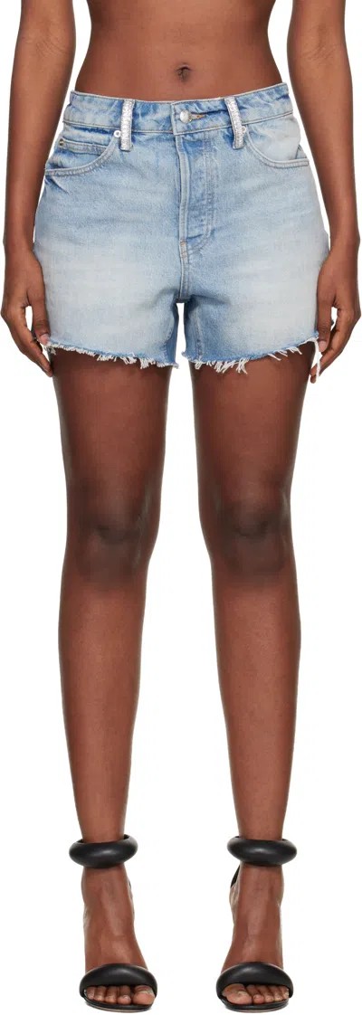 Alexander Wang Blue Denim Relaxed-fit Crystal Hotfix Shorts