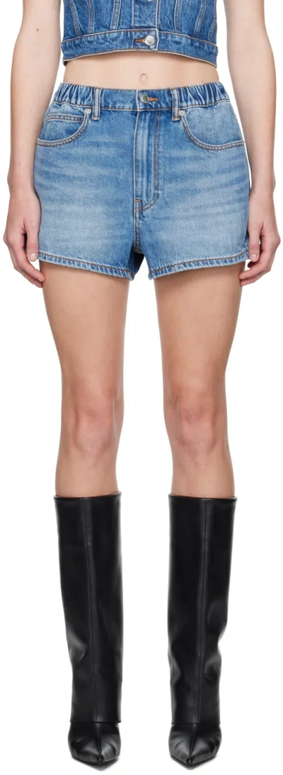 Alexander Wang Blue Embossed Logo Marathon Denim Shorts In Vntge Lt Indgo 486