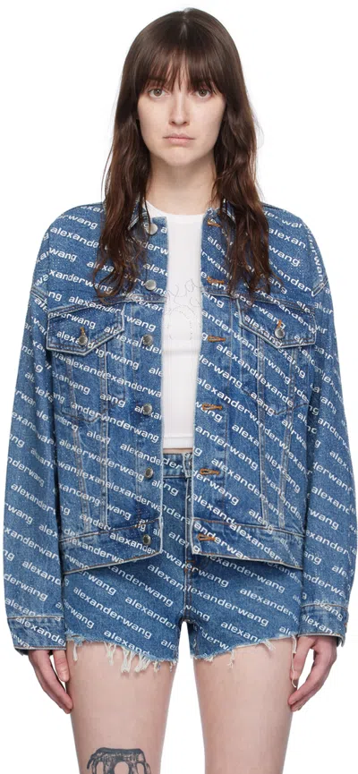 Alexander Wang Blue Game Logo Denim Jacket In Deep Blue/wht 460