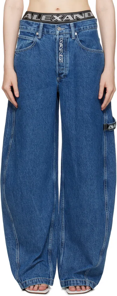 Alexander Wang Blue Wide Logo Elastic Prestyle Rounded Jeans In Deep Blue
