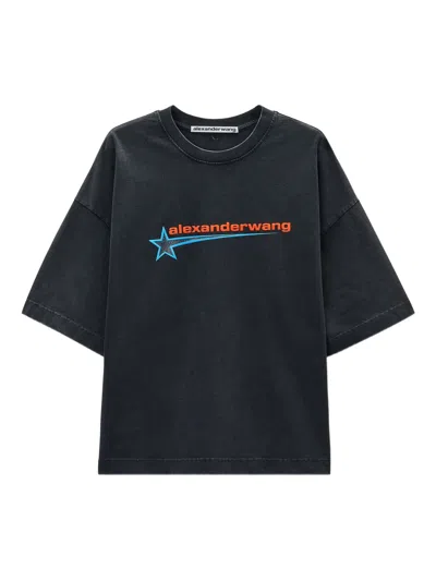 Alexander Wang Loose-fitting Black T-shirt With Graphic Design And Uneven Hem