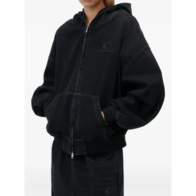Alexander Wang Brushed Denim Washed Black Hooded Jacket In Animal Print