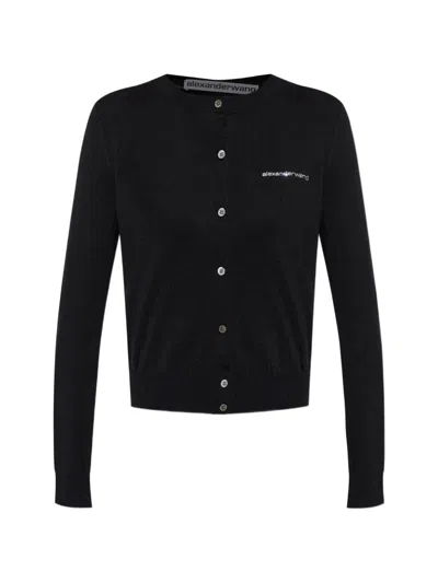 Alexander Wang Cardigan Nero Slim Con Dettaglio Strass Sul Logo  In Black