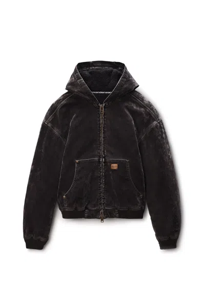 Alexander Wang Carpenter Hoodie In Flocked Denim Oversized Weathered Grey In Brown