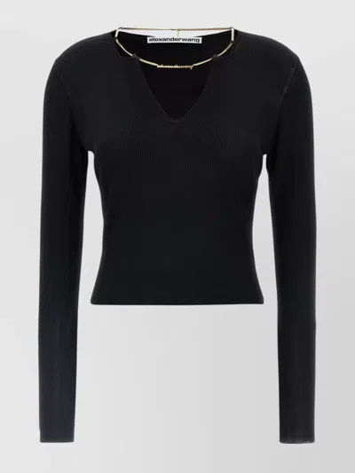 Alexander Wang 'chain Detail V-neck Ribbed Knit Sweater' In Black