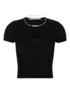 Alexander Wang Ribbed Texture V Neck Chain Detail Top In Black