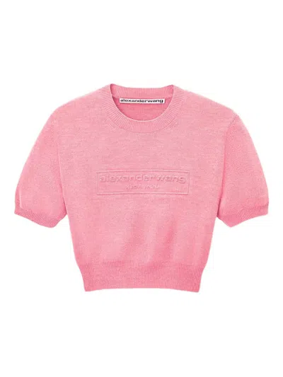 Alexander Wang Cotton-blend Chenille Cropped Pullover With Logo In Pink