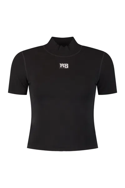 Alexander Wang High-collar Black Knit Top With Logo Patch For Women