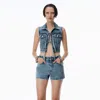 Alexander Wang Clear Bead Hotfix Denim Vest With Tie Front In Vintage Light Indigo