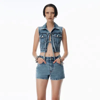 Alexander Wang Clear Bead Hotfix Denim Vest With Tie Front In Vintage Light Indigo