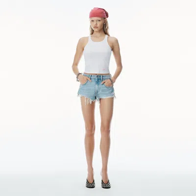 Alexander Wang Clear Bead Hotfix Distressed Denim Shorts In Powder Blue