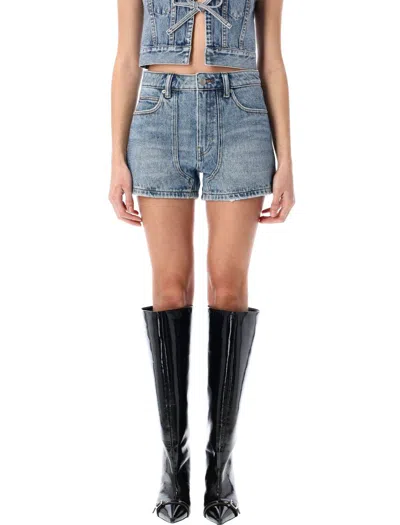 Alexander Wang Clear Bead Hotfix High-waist Workwear Denim Shorts In Blue