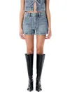 Alexander Wang Clear Bead Hotfix High-waist Workwear Denim Shorts In Blue