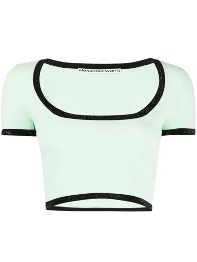 Alexander Wang Contrasting-border Cropped T-shirt In Green
