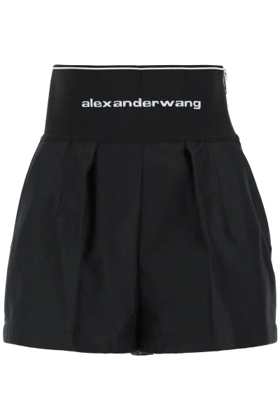 Alexander Wang Cotton And Nylon Shorts With Branded Waistband In Nero