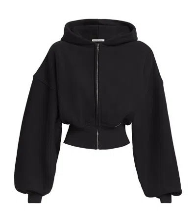 Alexander Wang Cropped Zip Up Cotton Hoodie In Black