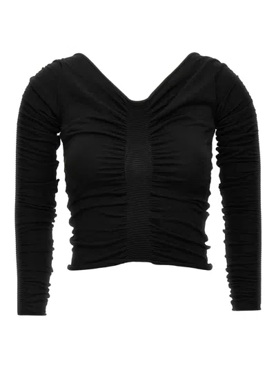 Alexander Wang Ruched V-neck Knit Sweater In Black