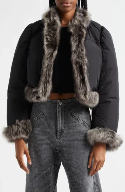 Alexander Wang Crop Puffer Jacket With Genuine Shearing Trim In 001 Black