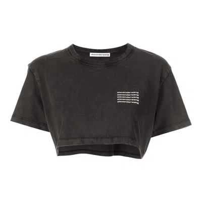 Alexander Wang Crop Tee Acid Wash Jersey In Black