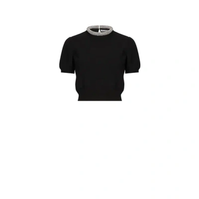 Alexander Wang Short Sleeve Crop Wool & Cashmere Sweater With Crystal Hotfix Tubular Collar In 001 Black