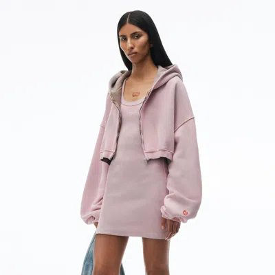 Alexander Wang Crop Zip Up Hoodie In Classic Terry In Washed Pink Lace