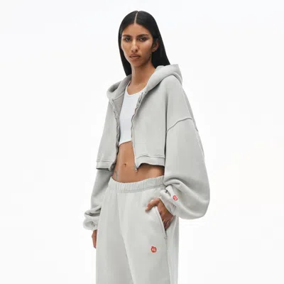 Alexander Wang Crop Zip Up Hoodie In Classic Terry In Washed Smoke White