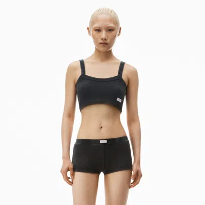 Alexander Wang Cropped Camisole In Waffle-knit Cotton Stretch In Washed Black