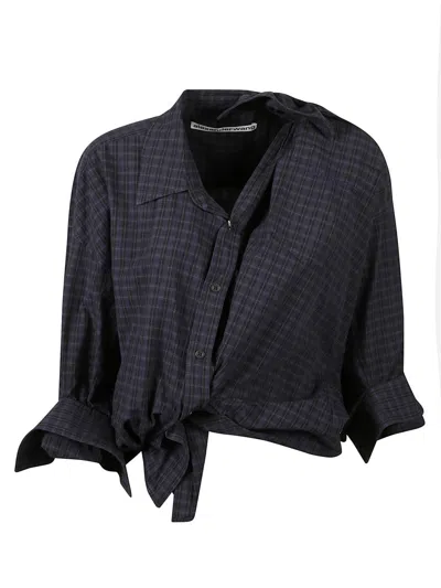 Alexander Wang Cropped Checkered Shirt With Puff Sleeves In Black