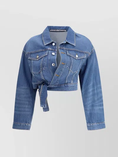 Alexander Wang Cropped Denim Jacket Tie Sash In Blue
