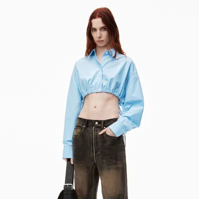 Alexander Wang Cropped Drawstring Blouse In Cotton & Crystal Hotfix In Chambray Blue