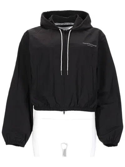 Alexander Wang Cropped Drawstring Hooded Jacket In Black