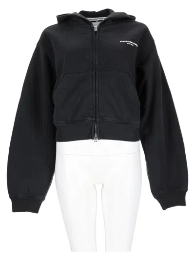Alexander Wang Cropped Front-zip Cotton Sweatshirt In Black