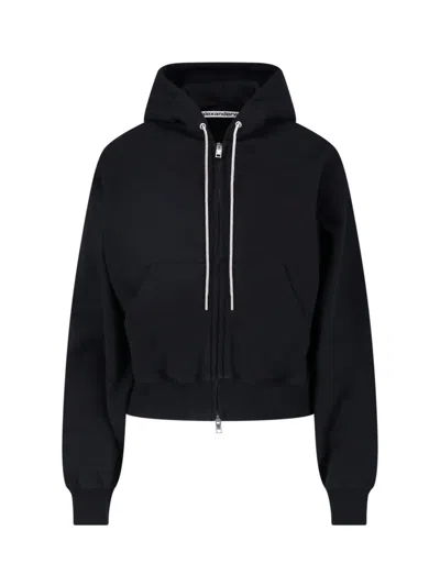 Alexander Wang Cropped Hoodie With Zip Closure And Drawstring Hood In Black