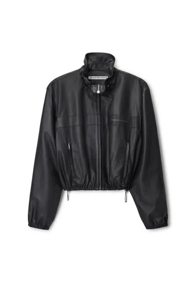 Alexander Wang Cropped Leather Jacket With Gathered Collar In Black