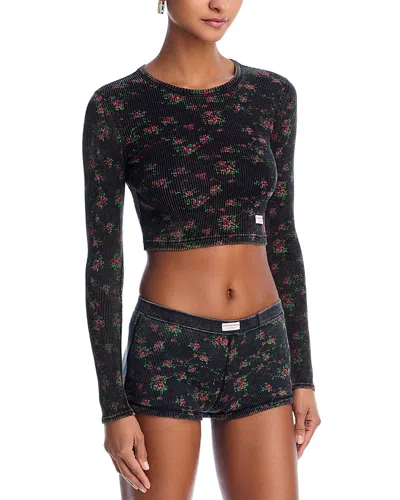 Alexander Wang Cropped Long Sleeve Crewneck Top In Washed Black Multi