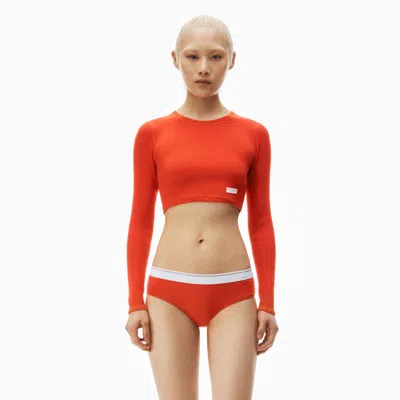 Alexander Wang Cropped Long-sleeve Tee In Ribbed Cotton In Fiery Red