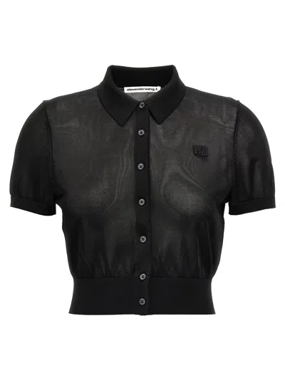 Alexander Wang Short Sleeve Sheer Ribbed Hem Top In Black