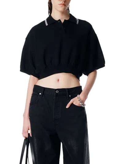 Alexander Wang Cropped Polo Shirt With Cinched Hem In Black
