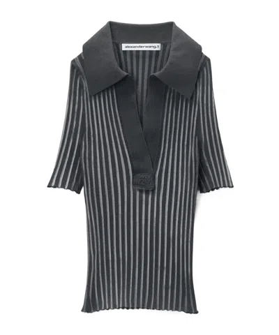 Alexander Wang Cropped Ribbed Polo Shirt In Black