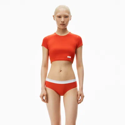 Alexander Wang Cropped Short-sleeve Tee In Ribbed Cotton In Fiery Red