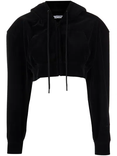 Alexander Wang Cropped Zip Up Hoodie In Velour In Black