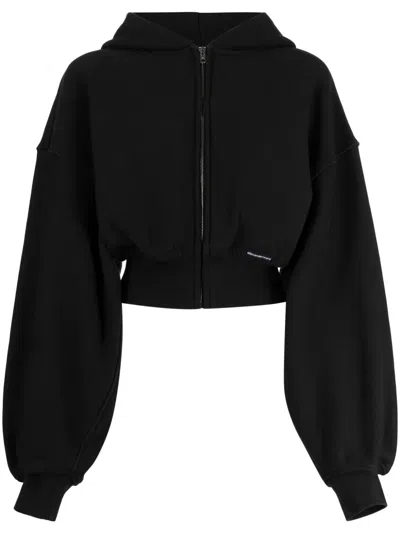 Alexander Wang Cropped Zip Up Cotton Hoodie In Black